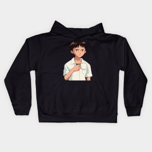 Shinji Holding a Mug HD Restored image Neon Genesis Evangelion Kids Hoodie